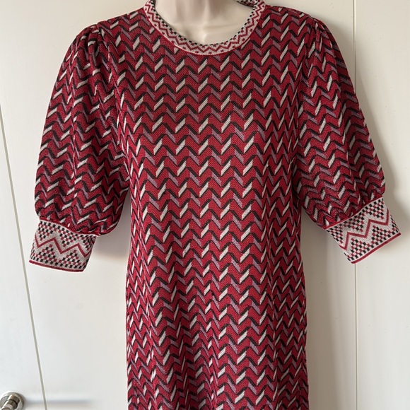 Zara Red Black White Chevron Pattern Polyester Knit 3/4 Sleeve Dress S - Picture 2 of 8